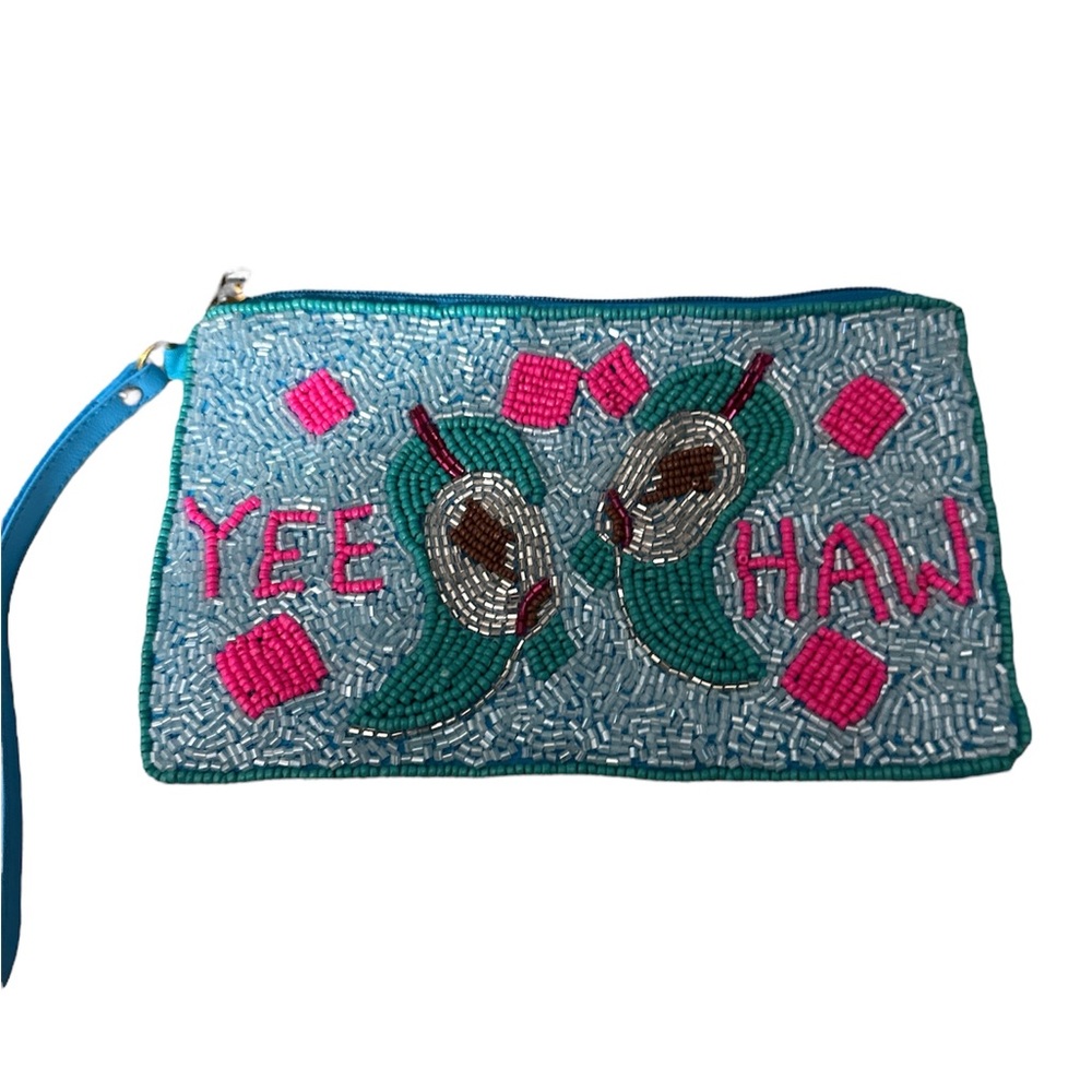 Colorful Beaded Clutch boutique new and cute wristlet strap blue
